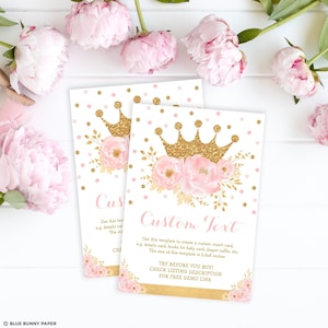 Crown Princess Birthday Insert Card EDITABLE TEMPLATE, Royal Baby Girl Enclosure Card, Blush Pink Flowers Printable Download, FLO18I