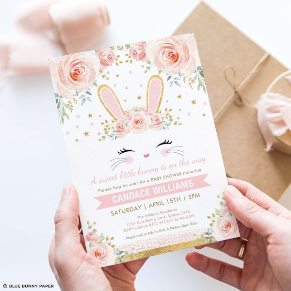 Girl Bunny Baby Shower EDITABLE Invitation. Blush Pink Roses Rabbit Printable Invite. Cute Girly Bunny Invitation INSTANT DOWNLOAD. BUN13