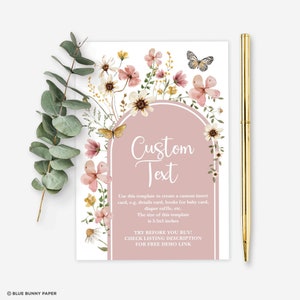 Cartão de inserção de aniversário de flores silvestres editável, boho, chá de bebê, blush empoeirado, floral, jardim, festa de chá, modelo de cartão flo32