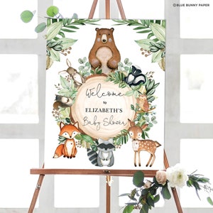 Segno di benvenuto modificabile per la doccia per bambini nel bosco, decorazione stampabile per animali della foresta verde, foglie botaniche rustiche genere neutro, WOOD24