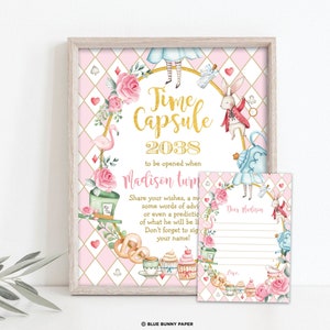 Alice nel Paese delle Meraviglie TIME CAPSULE, Decorazioni per il primo compleanno del Cappellaio Matto per il Tea Party, Modello EDITABILE della scheda di consigli ONEderland, AL1