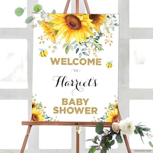Signo de bienvenida editable de baby shower de girasol, decoración imprimible de abeja de miel, plantilla de descarga instantánea de cumpleaños floral amarillo de verano, SUN4