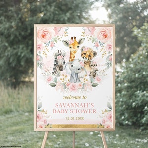 Mädchen-Dschungel-Willkommensschild, Safari-Tiere, Babyparty-Dekorationen, errötende rosa Blumen, Wild One-Geburtstagsparty-Dekoration, EDITIERBARE VORLAGE, SAF8