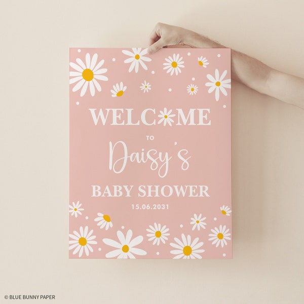 Daisy Flower Baby Shower Welcome Sign Editable Corjl Template Pink White Decor 8x10 16x20 18x24 JPEG PDF Printable Party Decoration DA1