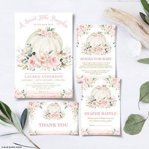 Pacote de convites para chá de bebê de outono Abóbora aquarela rosa - Solicitação de livro, sorteio de fraldas, cartão de agradecimento - MODELOS EDITÁVEIS Baixar PUM5