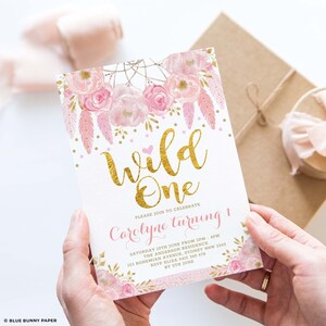 Dreamcatcher Wild One 1st Birthday Invitation Template, Pink Gold Tribal Boho Watercolor Floral EDITABLE Printable Invite Download, BOHO3