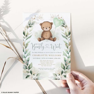 Editable Teddy Bear Baby Shower Invitation, We Can Bearly Wait to Meet Invite, Greenery Gold Eucalyptus Instant Download Template, BR4