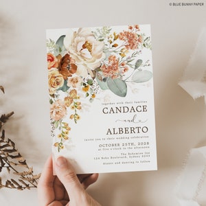 Boho Wedding Invitation, Terracotta Flower Wedding Invite, Rustic Burnt Orange Ivory Fall Wedding, EDITABLE TEMPLATE Corjl Download, FLO5
