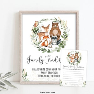 Signe de traditions familiales et carte de correspondance, jeu de douche de bébé Woodland de verdure, téléchargement imprimable d'animaux de forêt de couronne d'eucalyptus, WOOD33