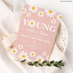 Editable Daisy Third Birthday Invitation Girl Pink & White Floral Young and Three Template Personnalisable Corjl JPEG/PDF Téléchargement instantané DA1