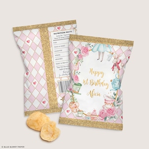 Bearbeitbare Alice im Wunderland Chip Tasche, Alice in Onederland Geburtstag Gefälligkeiten, Mad Hatter Tea Party druckbare INSTANT DOWNLOAD, AL1