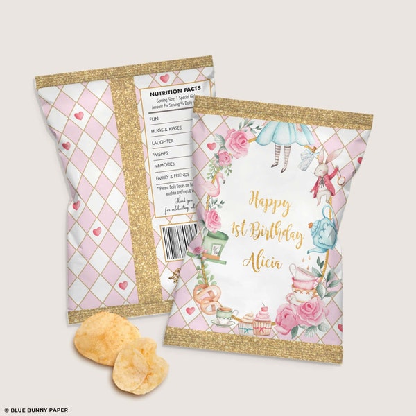 Editable Alice In Wonderland Chip Bag, Alice in Onederland Birthday Favors, Mad Hatter Tea Party Printable INSTANT DOWNLOAD, AL1