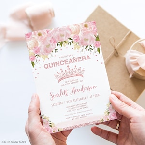 Quinceañera Invitation, Pink Floral Quinceanera Invite, Blush Rose Gold Mis Quince Anos 15th Birthday DIY Printable EDITABLE TEMPLATE, FLO3