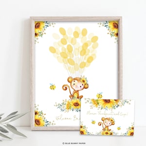 Sunflower Monkey Thumbprint Guestbook, Summer Floral Jungle Monkey Fingerprint Tree Printable Welcome Baby Sign EDITABLE TEMPLATE, MO3 image 1
