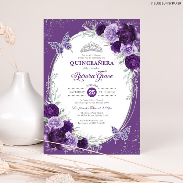 Purple Silver Quinceanera Invitation Template Lilac Violet Floral Mis Quince 15 Anos Editable Birthday Invite Tiara Crown Butterflies FLO9