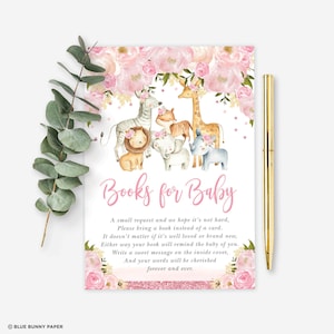 Fille Jungle thème Baby Shower livres pour bébé carte, Safari animaux sauvages Blush rose Floral apporter un livre imprimable Insert téléchargement instantané SAF5