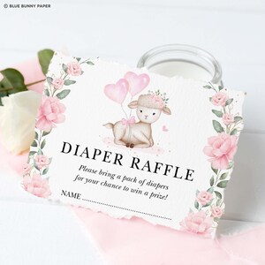 Little Lamb Diaper Raffle Printable, Pink Floral Girl Baby Shower Invitation Insert, Eucalyptus Blush Gold Balloon INSTANT DOWNLOAD, GR8