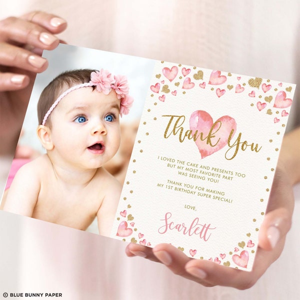 EDITABLE Valentines Photo Thank You Card, Pink Gold Little Sweetheart Birthday Favours, Girl Baby Shower Printable Template Download. VAL1