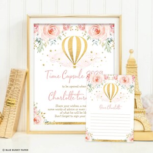 Cápsula do tempo de balão de ar quente, sinal de primeiro aniversário floral rosa blush e cartão para impressão para bebê, download instantâneo, MODELO EDITÁVEL, HAB5