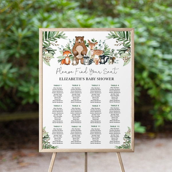 Woodland Animals Seating Chart Template Forest Wild One 1st Birthday Party Seating Plan Printable Rustic Greenery EDITABLE TEMPLATE, WOOD24