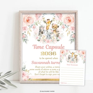 Blush Safari TIME CAPSULE, Jungle Animals First 1st Birthday Decorations, Boho Pink Floral Baby Girl Advice Card EDITABLE Template, SAF8