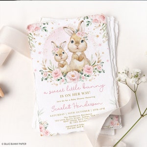 Pink Floral Bunny Baby Shower Invitation EDITABLE Baby Girl Rabbit Invite Watercolor Pink Moon Flower Garden Easter Template Download BUN3