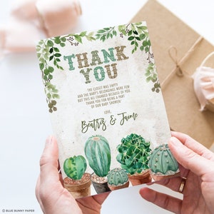 Modifiable modèle de carte de remerciement Fiesta Baby Shower, carte d’anniversaire de Cactus rustique, téléchargement de faveur imprimable de mariage de verdure, CAC5