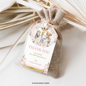 Bearbeitbarer Mädchen-Safari-Geschenkanhänger, Dschungeltiere-Dankeschön-Tags-Vorlage, Blush Pink Flowers Baby Girl druckbarer Sofort-Download, SAF8