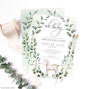 EDITABLE Lamb Baby Shower Invitation, Greenery Sheep Baby Sprinkle Invite, Gender Neutral Eucalyptus Wreath Printable Template Download GR7