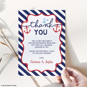 Nautical Baby Shower Thank You Card, Navy and Red  Anchor Thank You Note Party Favors, Pool Party, Ahoy It&#39;s a Boy EDITABLE TEMPLATE, NAU1
