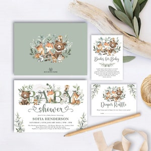 EDITABLE Sage Green Woodland Baby Shower Invitation Bundle Verdure Forêt Animaux Livres pour bébé Carte Diaper Tombola imprimable Télécharger FOR4