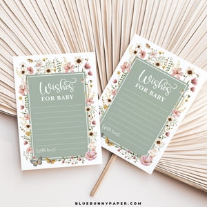 Deseos para bebé, juego de baby shower de flores silvestres, imprimible floral boho verde salvia, tarjeta de flores de jardín rosa polvoriento DESCARGA INSTANTÁNEA, FLO32