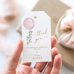 Editable Pink Balloon Favor Tag Girl Baby Shower Thank You Favors Modern Balloon Eucalyptus Greenery Gift Tag Template Instant Download BL2