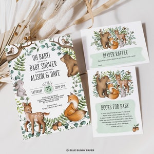 Woodland Baby Shower Invitation Template, Woodland Animals Invitation Bundle, Forest Greenery Books for Baby EDITABLE Download Set, FOR3