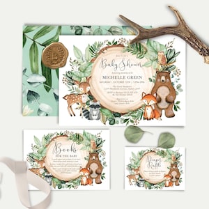 Pacchetto di inviti per baby shower nel bosco verde modificabile. Libri per bambini con animali della foresta. Download stampabile della lotteria dei pannolini. LEGNO24