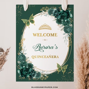 Emerald Quinceanera Welcome Sign Moody Green Mis Quince 15 Anos Editable Template Crown Princess Butterflies 15th Birthday Download FLO17