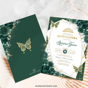 Invitación de quinceañera floral verde esmeralda Mariposas Mis Quince Anos 15 cumpleaños Plantilla editable Dulce 16 Descarga imprimible, FLO17