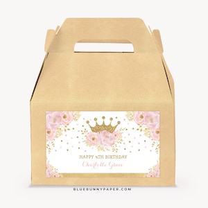 Princess Gable Box Label Template, Kroonprinses Verjaardagsfeestje Gunsten, Blush Roze Bloemen Koninklijke Afdrukbare BEWERKBARE Corjl Download, FLO18I