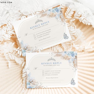 EDITABLE Blue Silver Quinceañera RSVP Card Boho Floral Mis Quince 15 Anos Birthday Insert Template Crown Princess Printable Download, FLO8