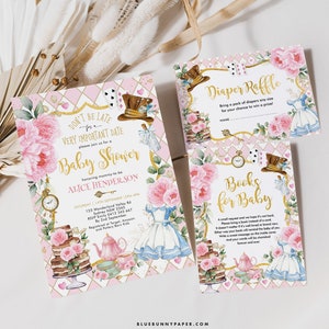 Alice im Wunderland-Baby-Dusche-Einladung Paket Mad Hatter Tea Party Invite Set Buch Anfrage Windel Verlosung Printable EDITIERBARE Download AL3