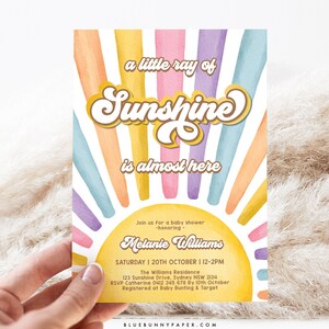 Boho Sunshine Girl Baby Shower Invitation Little Ray of Sunshine Invite Pastel Pink Purple Rainbow Editable Template Corjl Download SN2