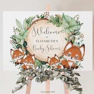 Modello modificabile di cartello di benvenuto con volpe Foresta verde Decorazioni per baby shower Genere neutro Woodland Fox Cartello modificabile Download immediato, FOX5
