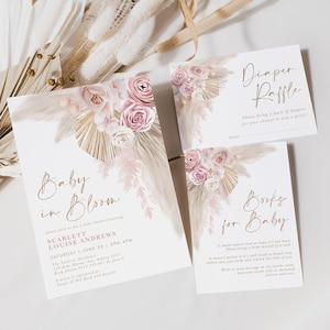 Boho Baby Shower Invitation Bundle, Pink Pampas Grass Invite Templates, Blush Flowers Boho EDITABLE Instant Download Set, FLO6