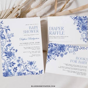 Blaue und weiße Baby-Dusche-Einladungs-Bundle, Blaue Blumen Chinoiserie Vorlagen, Vögel Pfingstrose Porzellan EDITIERBARE Instant Download Set, BW1