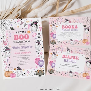 Mädchen Halloween Baby Shower Bundle Pink Gespenst Einladung Spooky Little Boo Invite Books for Baby Card Windel Raffle EDITABLE Paket Set HL1