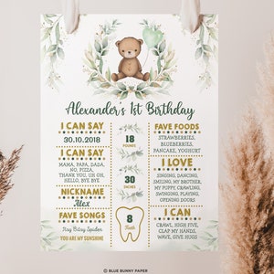 Teddy Bear 1st Birthday Milestone Board, Greenery Gold Bear Chalkboard Sign, Beary Sweet First Birthday Party EDITABLE TEMPLATE, BR4