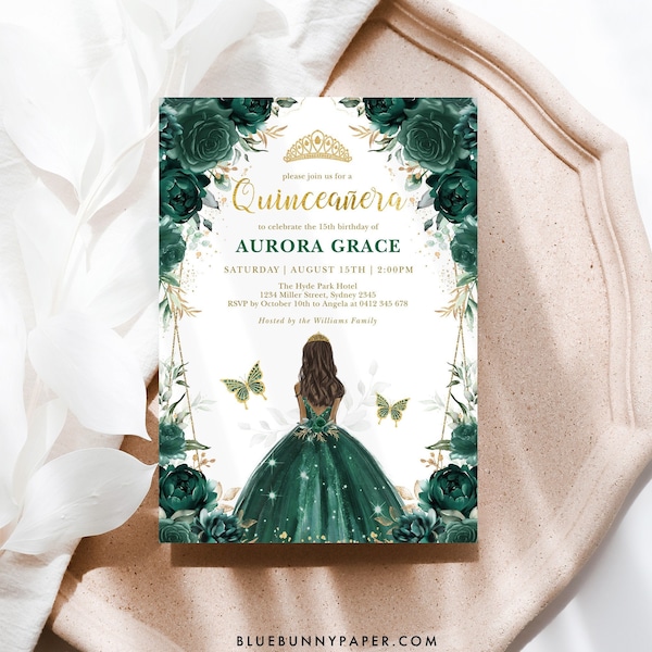 EDITABLE Quinceañera Invitation, Emerald Green Gold Princess Mis Quince 15 Anos Template, Quinceanera Tiara 15th Birthday Invite, FLO17