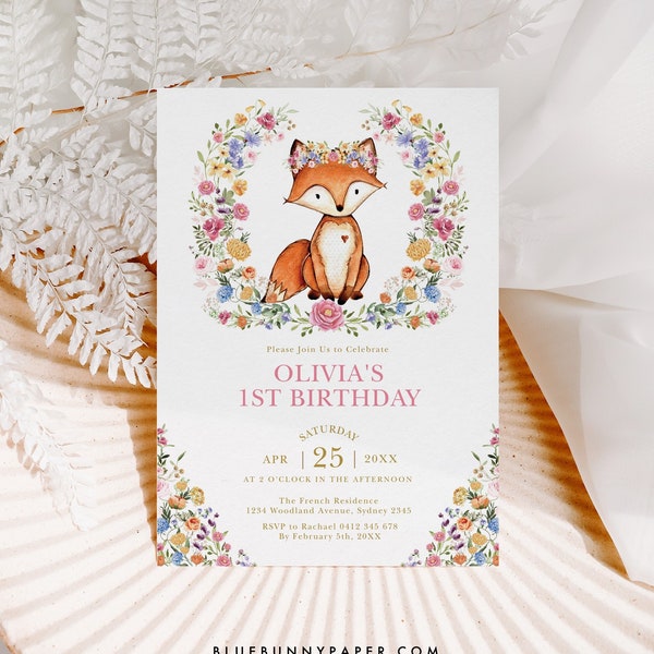 Colorful Wildflower Fox Birthday Invitation Garden Flowers Woodland Forest Animal Party Invite Spring Floral Fox EDITABLE TEMPLATE WOOD5