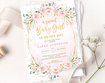 Blush Pink Floral Baby Shower Invitation, Sweet Baby Girl Printable Invite, Watercolor Blush Roses, Pink and Gold EDITABLE TEMPLATE, FLO40