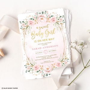 Blush Pink Floral Baby Shower Invitation, Sweet Baby Girl Printable Invite, Watercolor Blush Roses, Pink and Gold EDITABLE TEMPLATE, FLO40